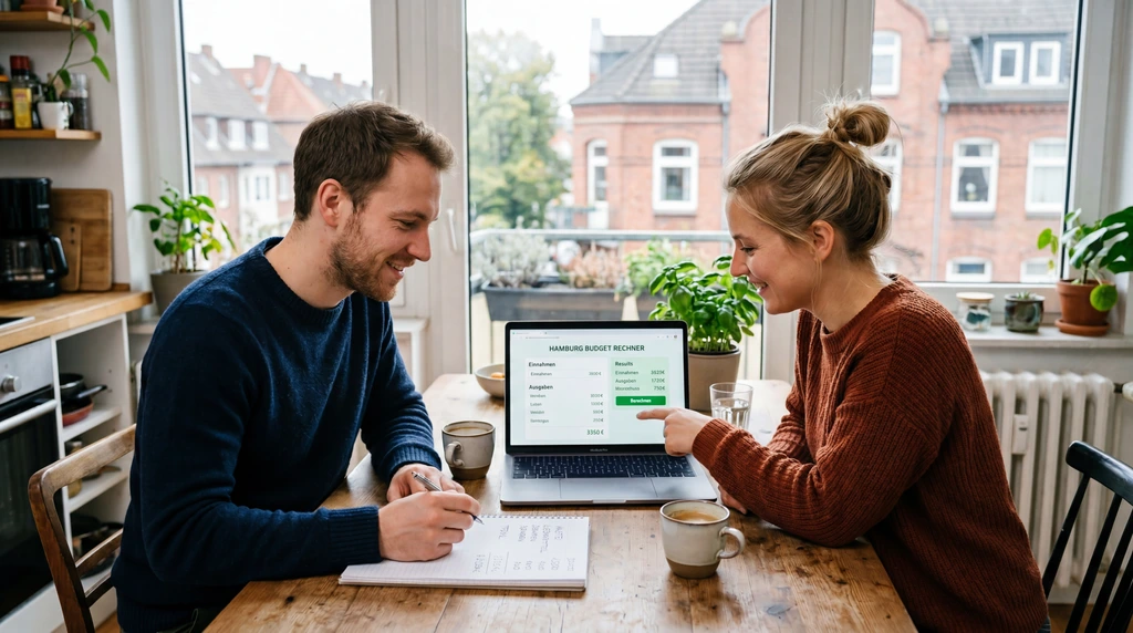Hamburger Eltern sitzen am Küchentisch und nutzen den Kita Gutschein Rechner auf einem Laptop zur Kalkulation ihres Elternbeitrags
